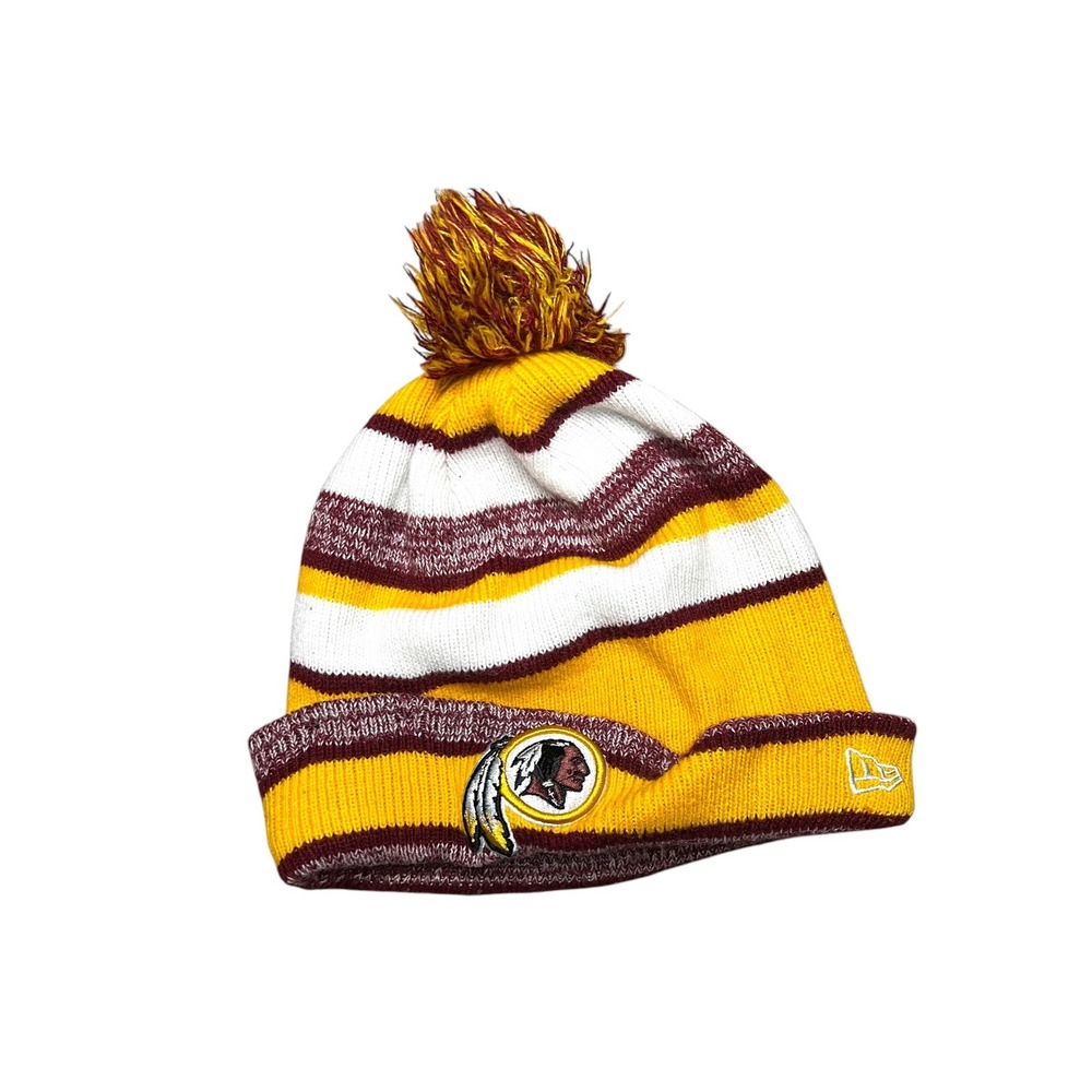 New Era Washington Redskins NFL Knit Beanie Hat Burgundy Gold Striped Pom Pom